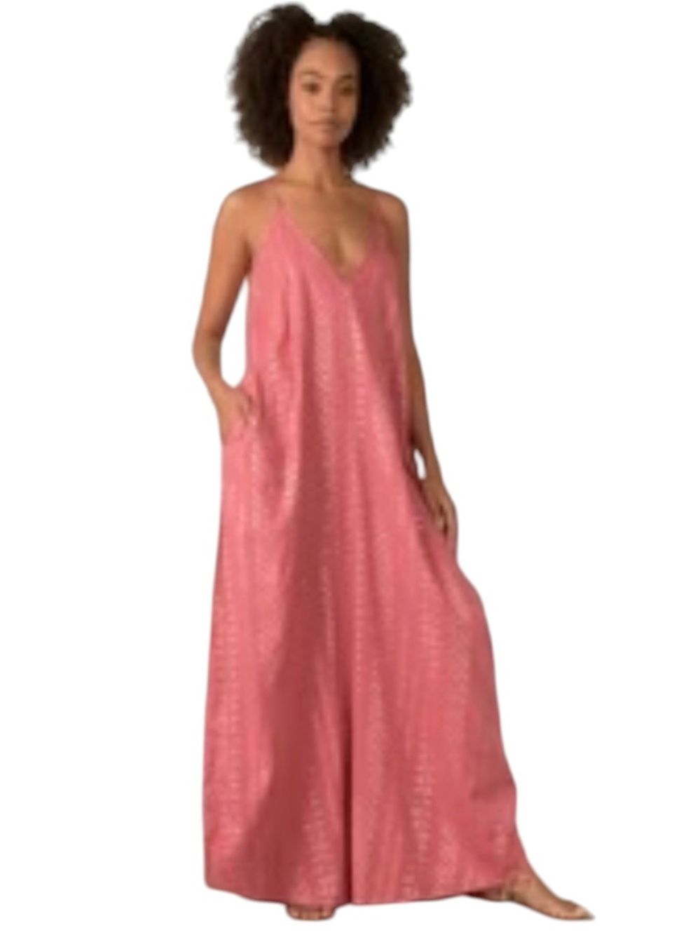 Elan Cleo coral Pink metallic gold print Maxi balloon Slip Dress pockets small